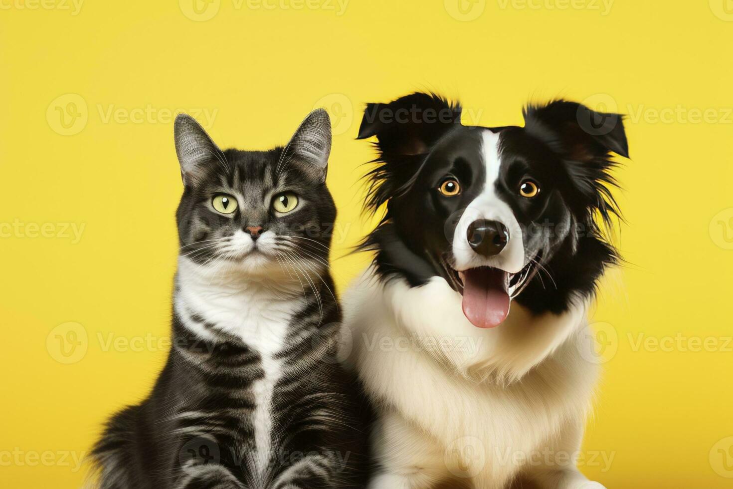 ai generato gatto e cane insieme con contento espressioni su giallo sfondo. ai generato foto