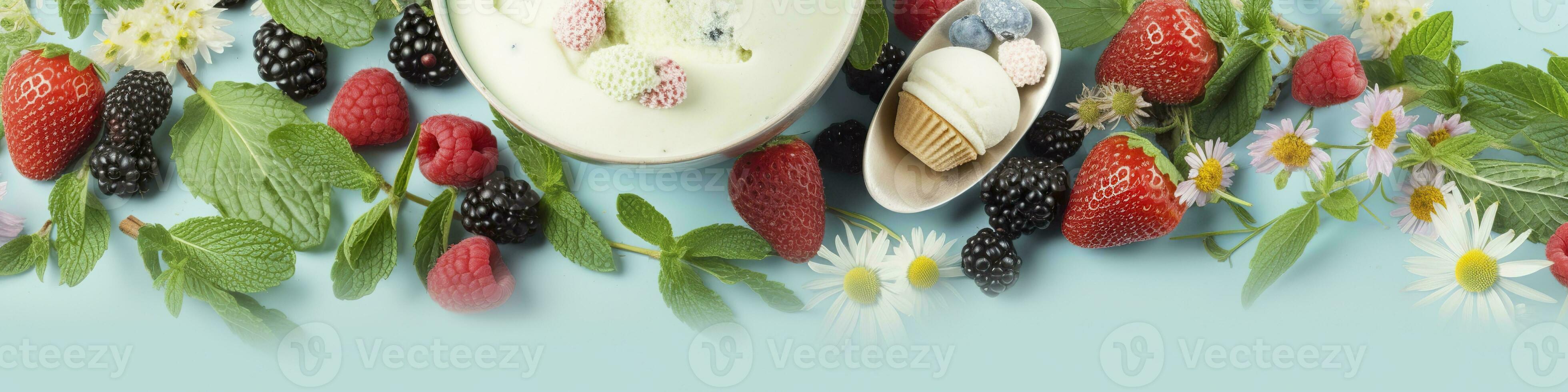 ai generato scoop di vaniglia, menta le foglie nel un' bicchiere ciotola, spruzzatori, frutti di bosco, e fiori. generativo ai foto