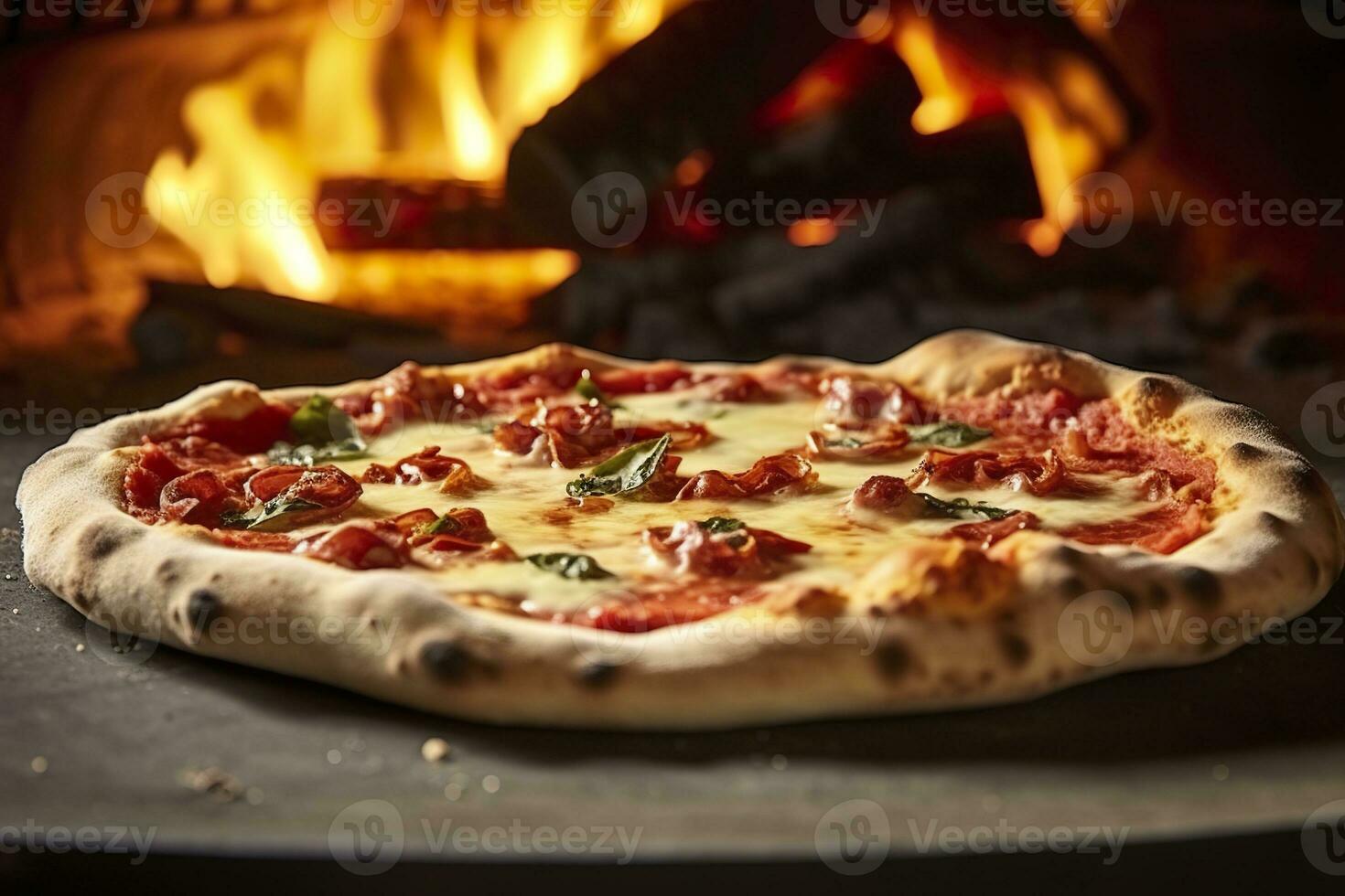 ai generato appena al forno Pizza avvicinamento, tradizionale legna licenziato forno sfondo. ai generato foto