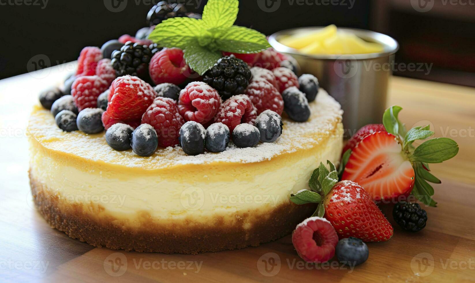 ai generato Limone torta di formaggio con fresco frutti di bosco. ai generato foto