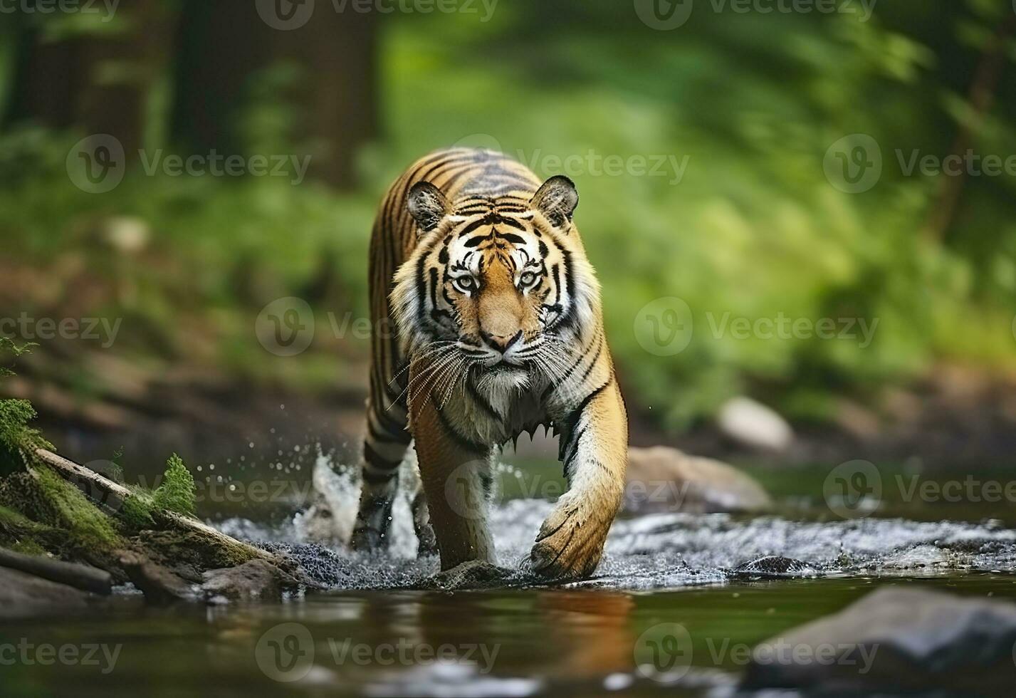 ai generato amur tigre a piedi nel il acqua. pericoloso animale. animale nel un' verde foresta flusso. generativo ai foto