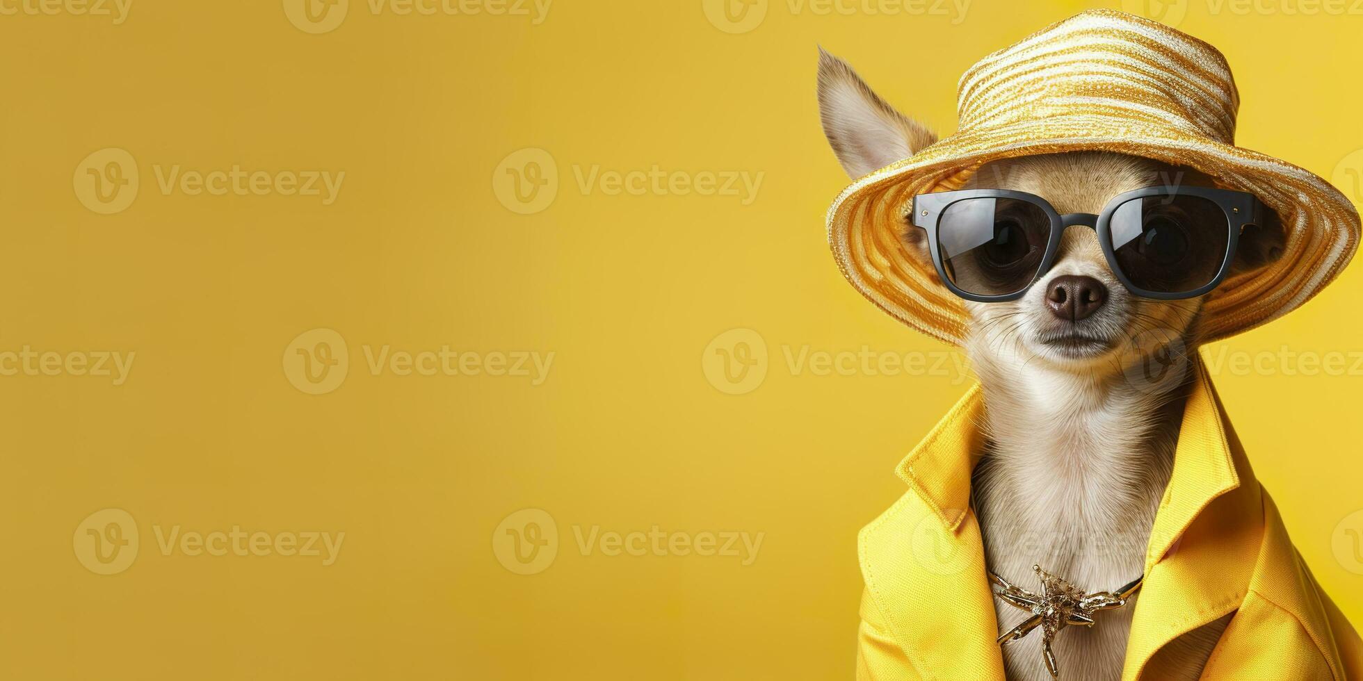 ai generato freddo guardare chihuahua cane indossare impaurito moda vestire. spazio per testo giusto lato. generativo ai foto