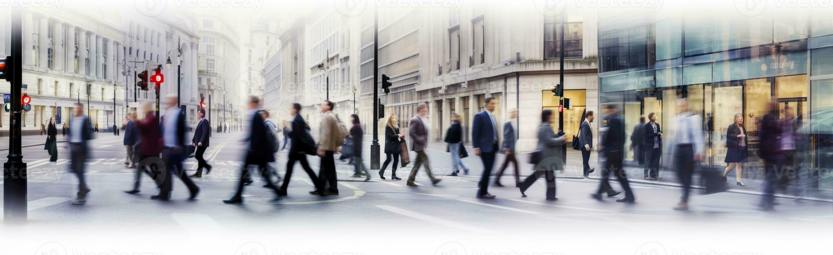 ai generato a piedi persone sfocatura. molte di persone camminare nel il città di Londra. largo panoramico Visualizza di persone attraversamento il strada. ai generato foto