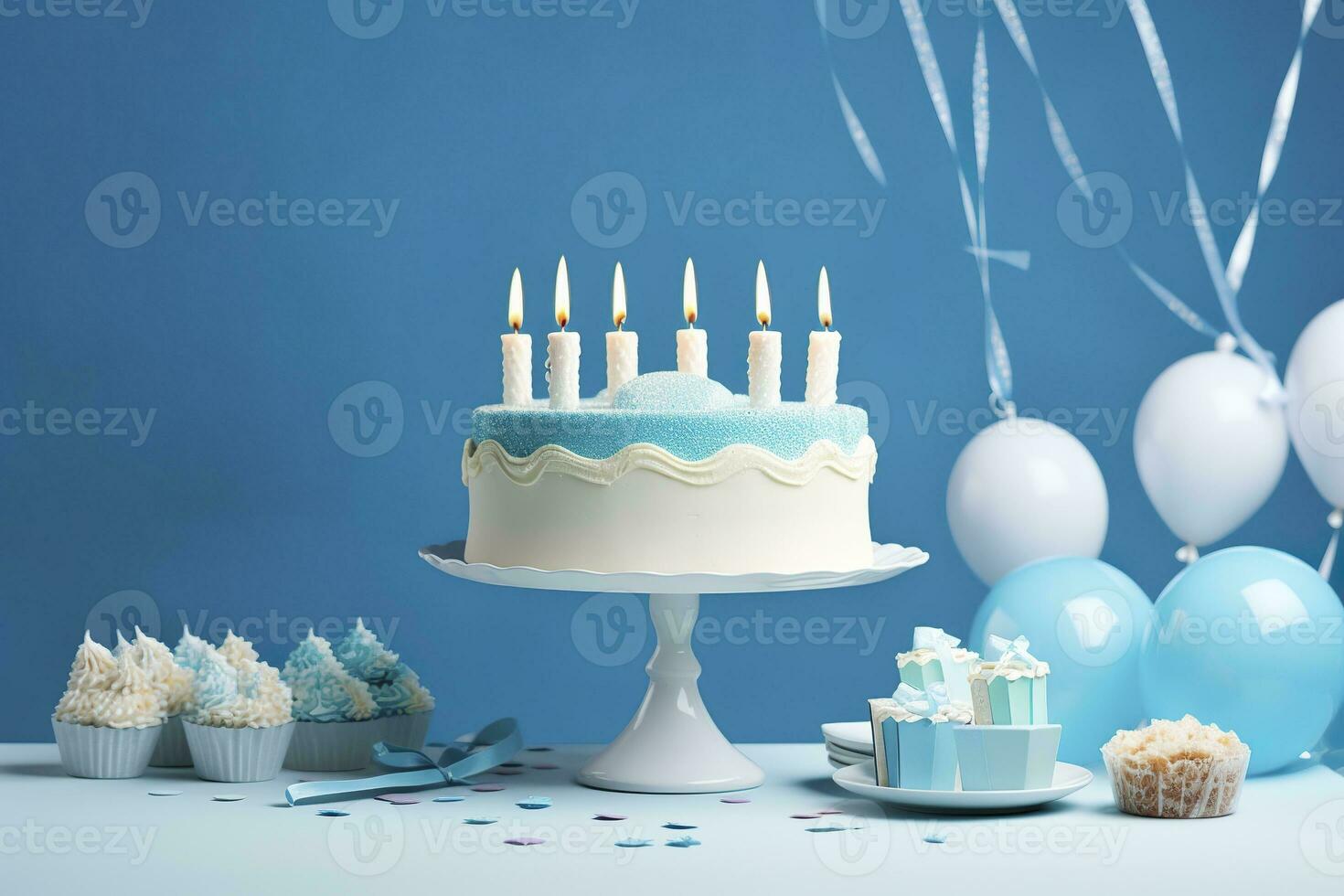 ai generato compleanno torta con candele e dolci su bianca tavolo vicino blu parete. generativo ai foto
