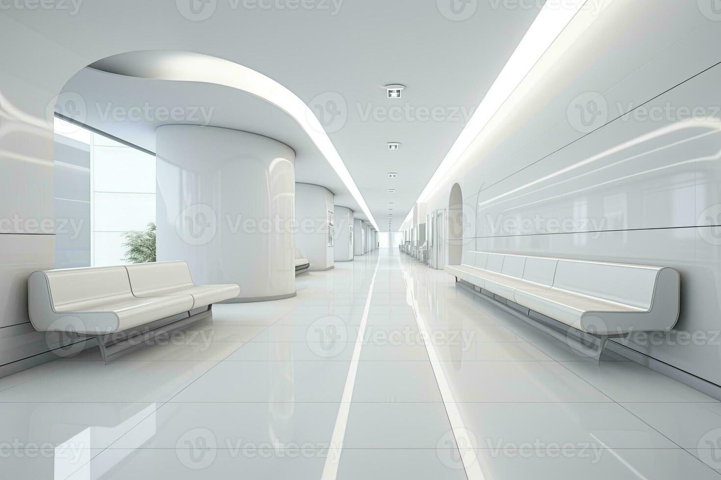 ai generato interno design di un' moderno lussuoso bianca edificio corridoio o corridoio con in attesa posto a sedere. ai generato foto