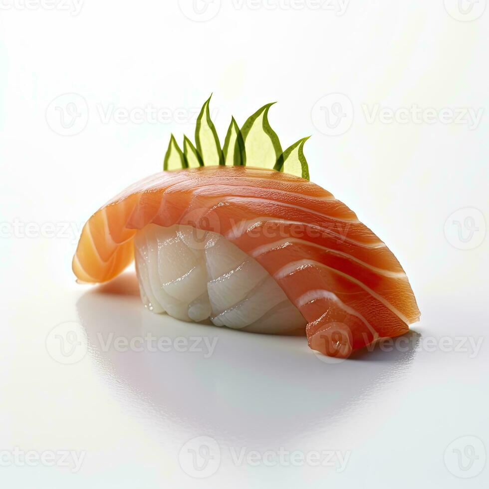 ai generato un' Sushi salmone su bianca sfondo. ai generato foto