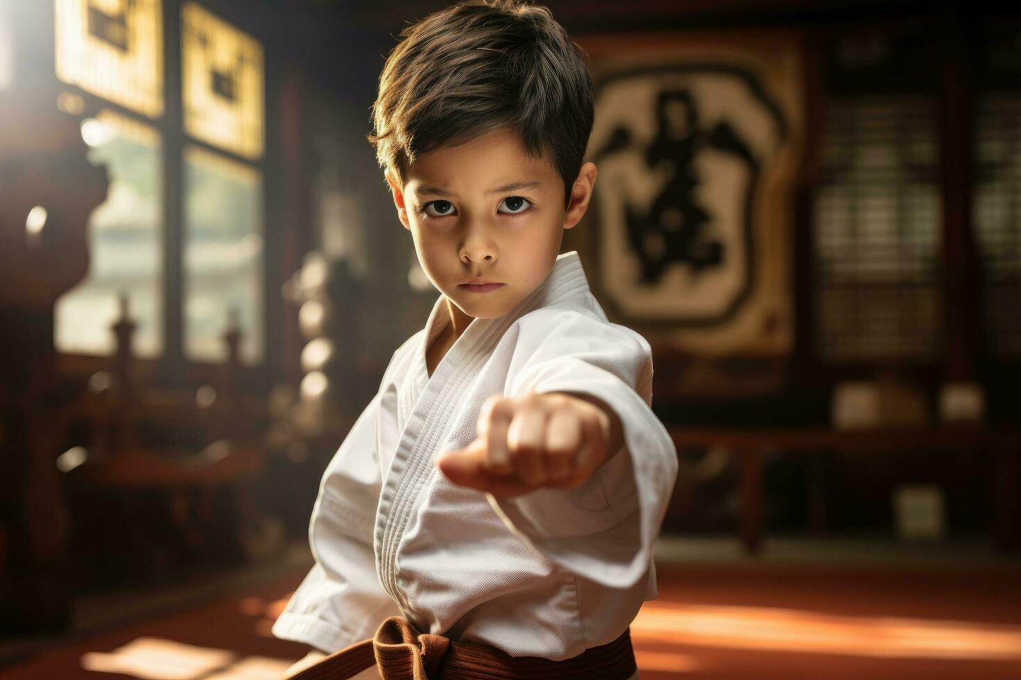 ai generato ritratto di un' poco ragazzo nel chimono praticante marziale arti, un' bambino apprendimento marziale arti nel un' dojo, ai generato foto