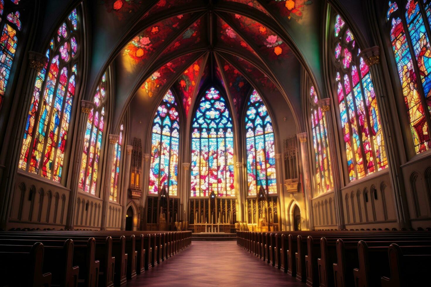 ai generato interno Visualizza di st. Patrick Cattedrale nel dublino, Irlanda, un' Chiesa con macchiato bicchiere finestre e torreggiante guglie, ai generato foto