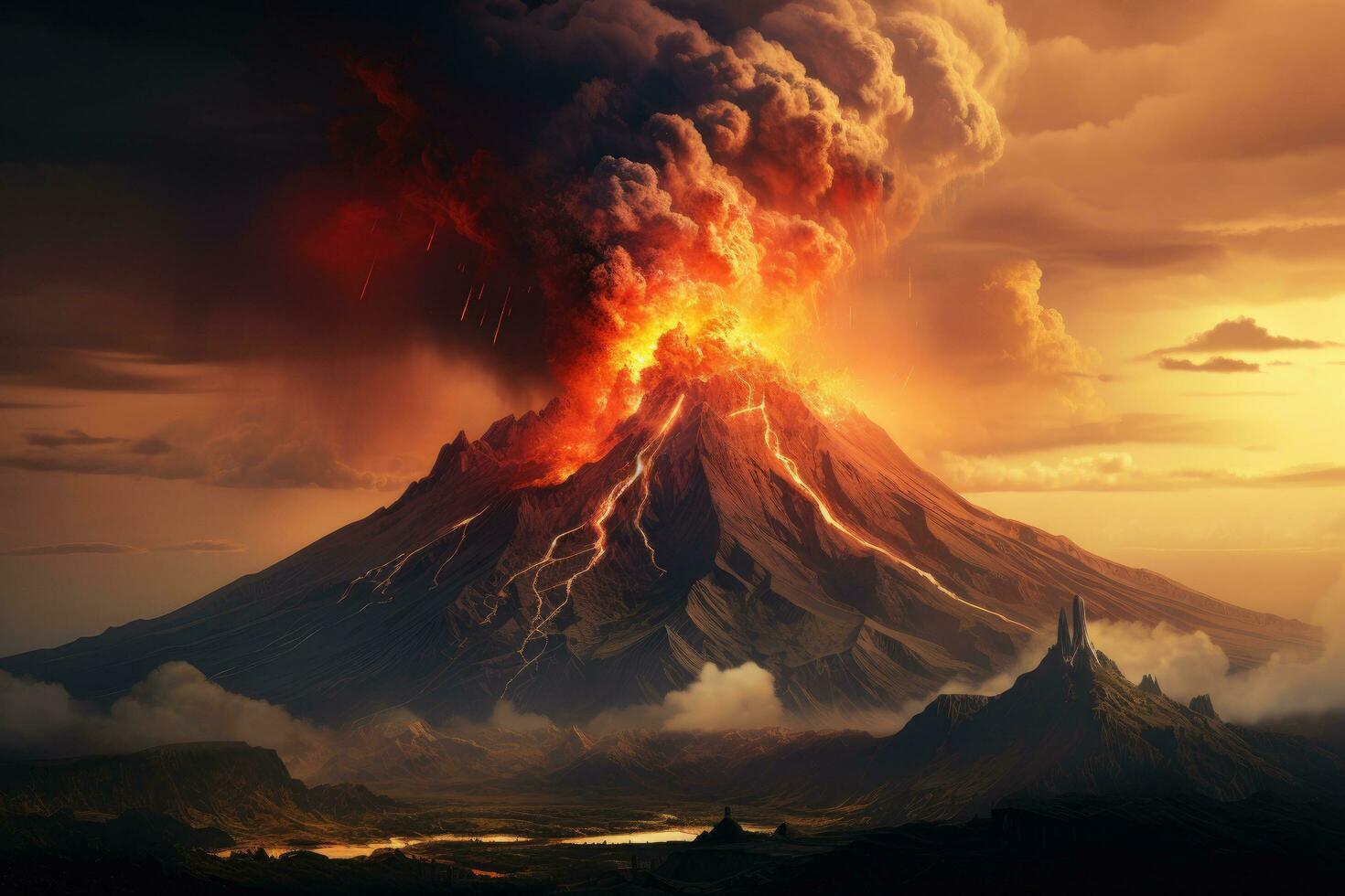 ai generato vulcanico eruzione nel il sfondo di il vulcano. 3d rendering, eruzione di il tolbachik vulcano, ai generato foto