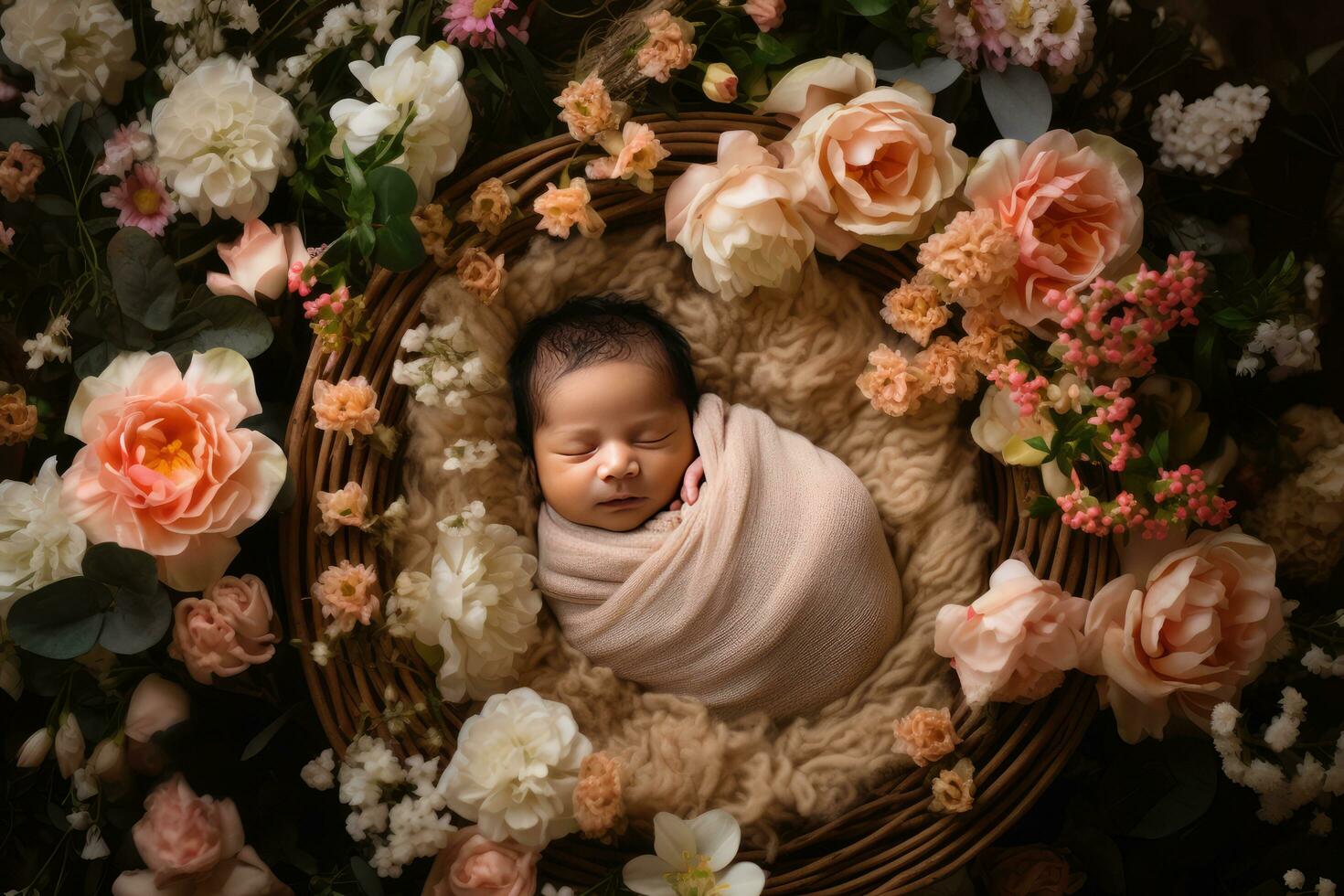 ai generato neonato bambino nel un' cestino circondato con fiori foto