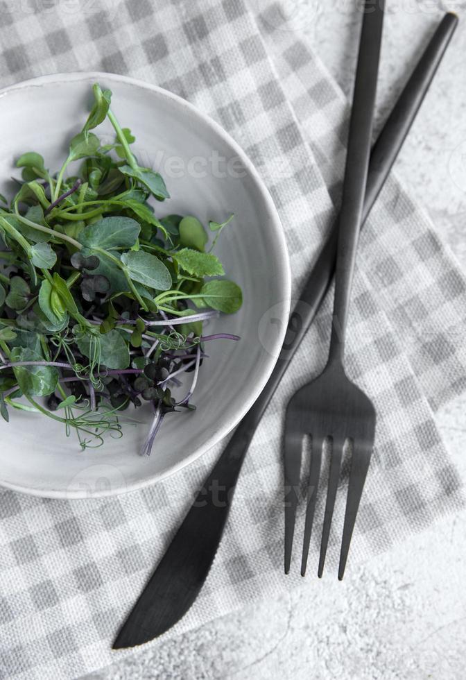 assortimento di micro green su fondo in cemento foto