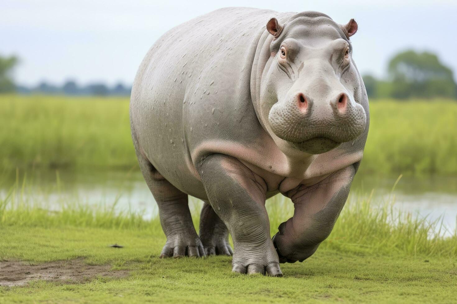 ai generato ippopotamo a piedi nel un' verde campo. ai generato foto