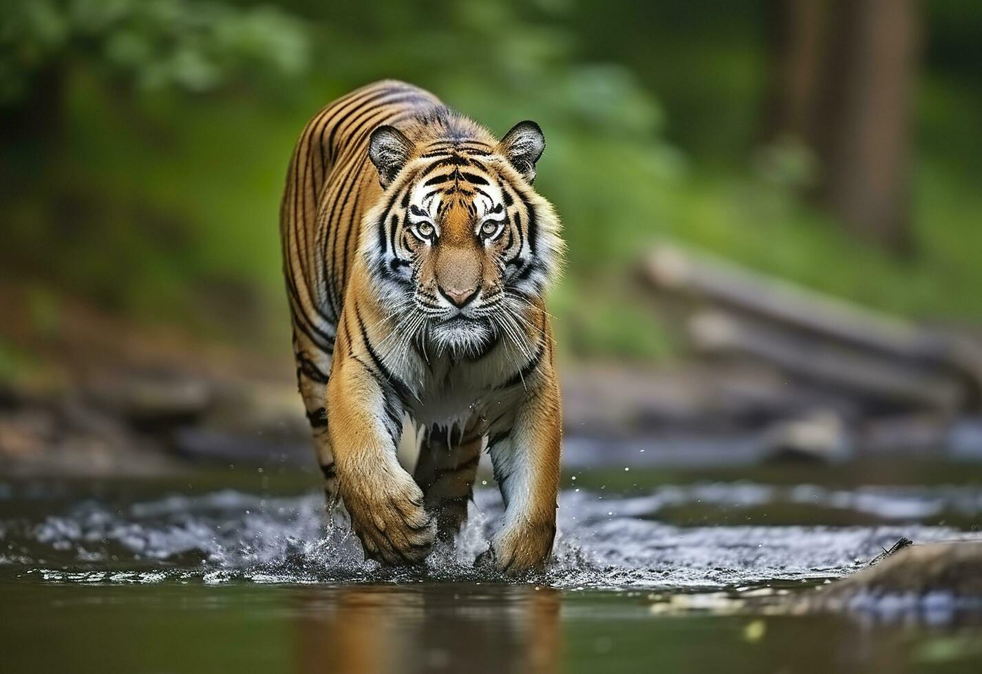 ai generato amur tigre a piedi nel il acqua. pericoloso animale. animale nel un' verde foresta flusso. generativo ai foto