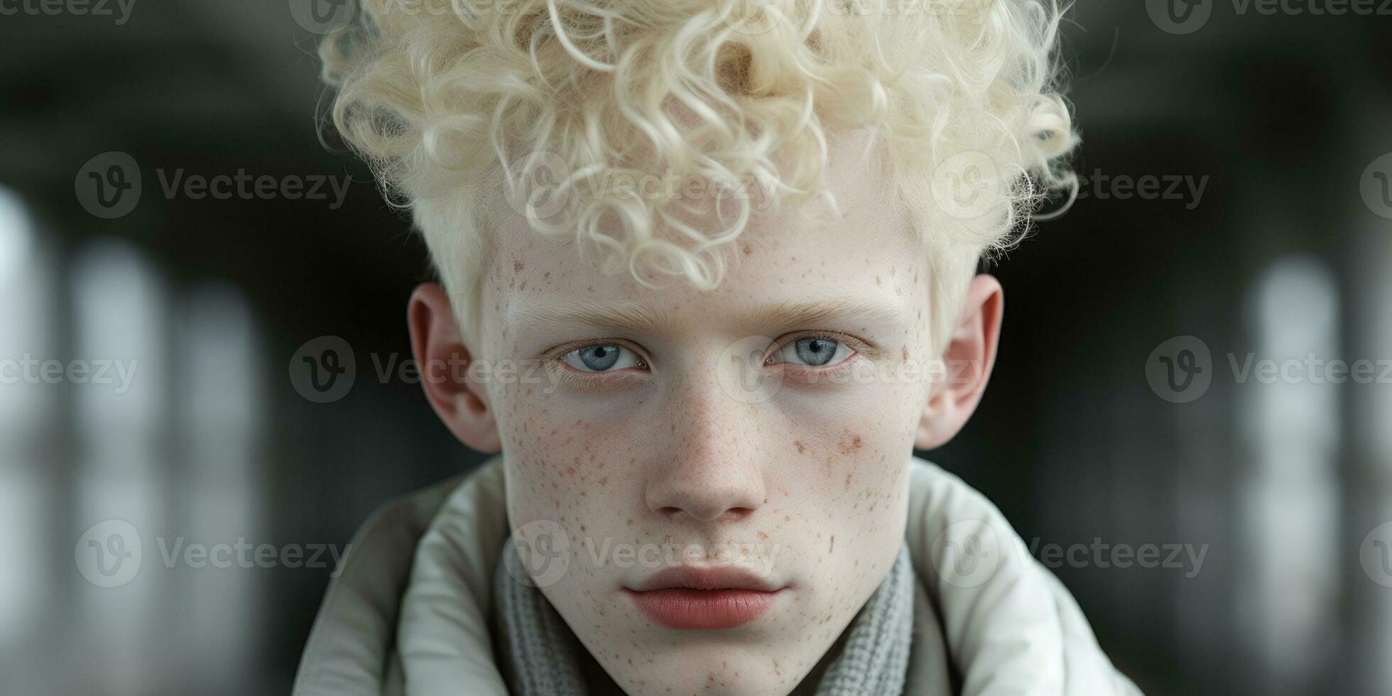 ai generato ritratto di un albino ragazzo con lentiggini foto
