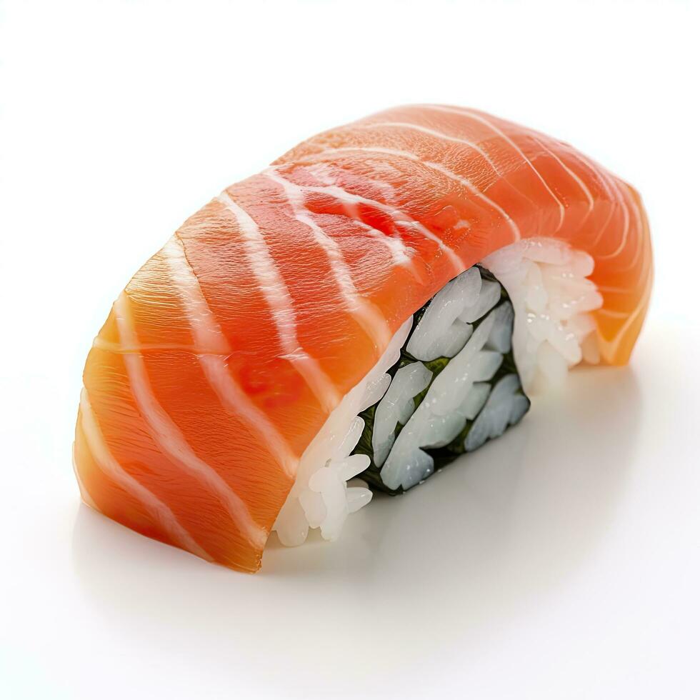 ai generato un' Sushi salmone su bianca sfondo. ai generato foto