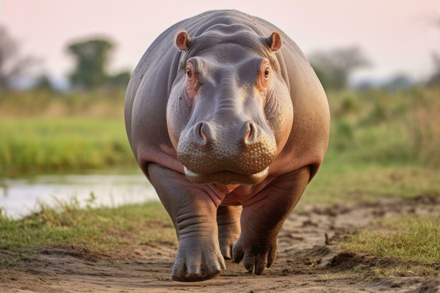 ai generato ippopotamo a piedi nel un' verde campo. ai generato foto