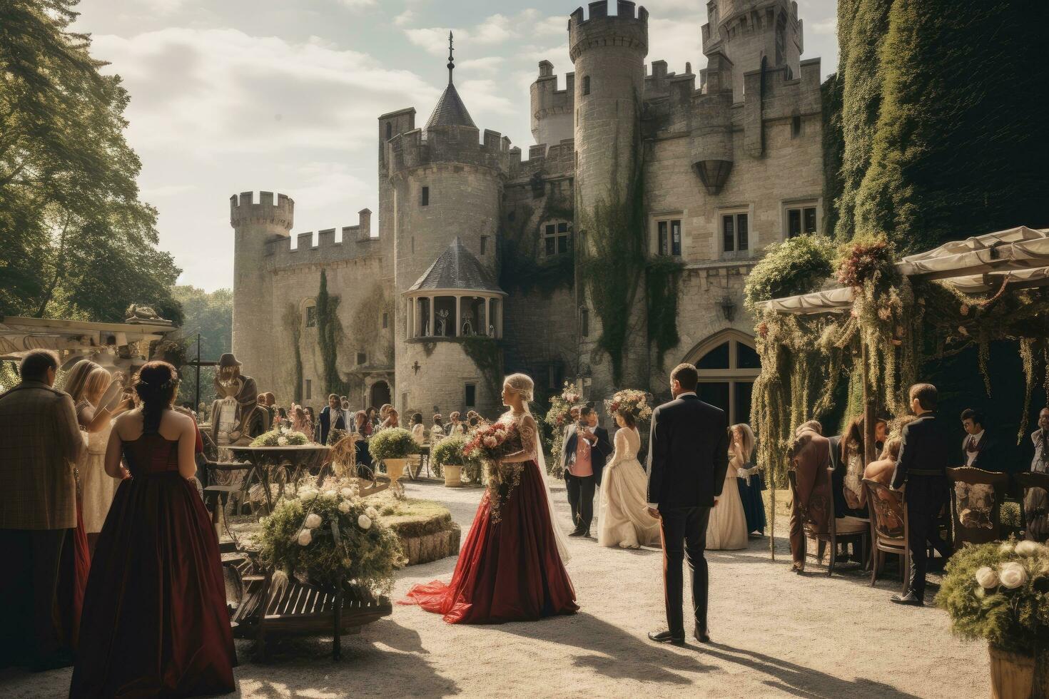 ai generato nozze coppia nel davanti di il castello. sposa e sposo, un' destinazione nozze nel un' medievale castello, ai generato foto