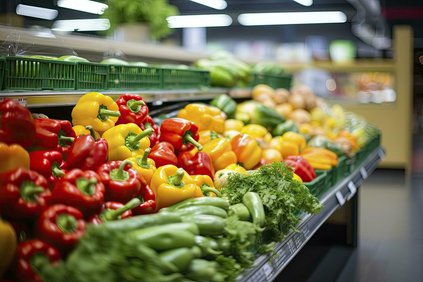 ai generato frutta e verdure su negozio In piedi nel supermercato drogheria negozio. ai generato foto