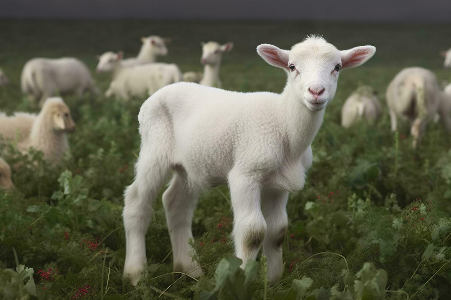 ai generato bianca agnello nel un' campo nel davanti di altro animali. generativo ai foto