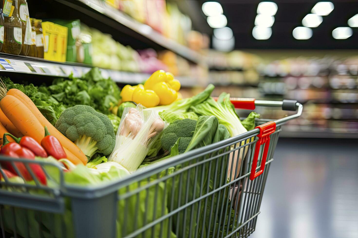 ai generato vicino su di pieno shopping carrello nel drogheria negozio. ai generato foto