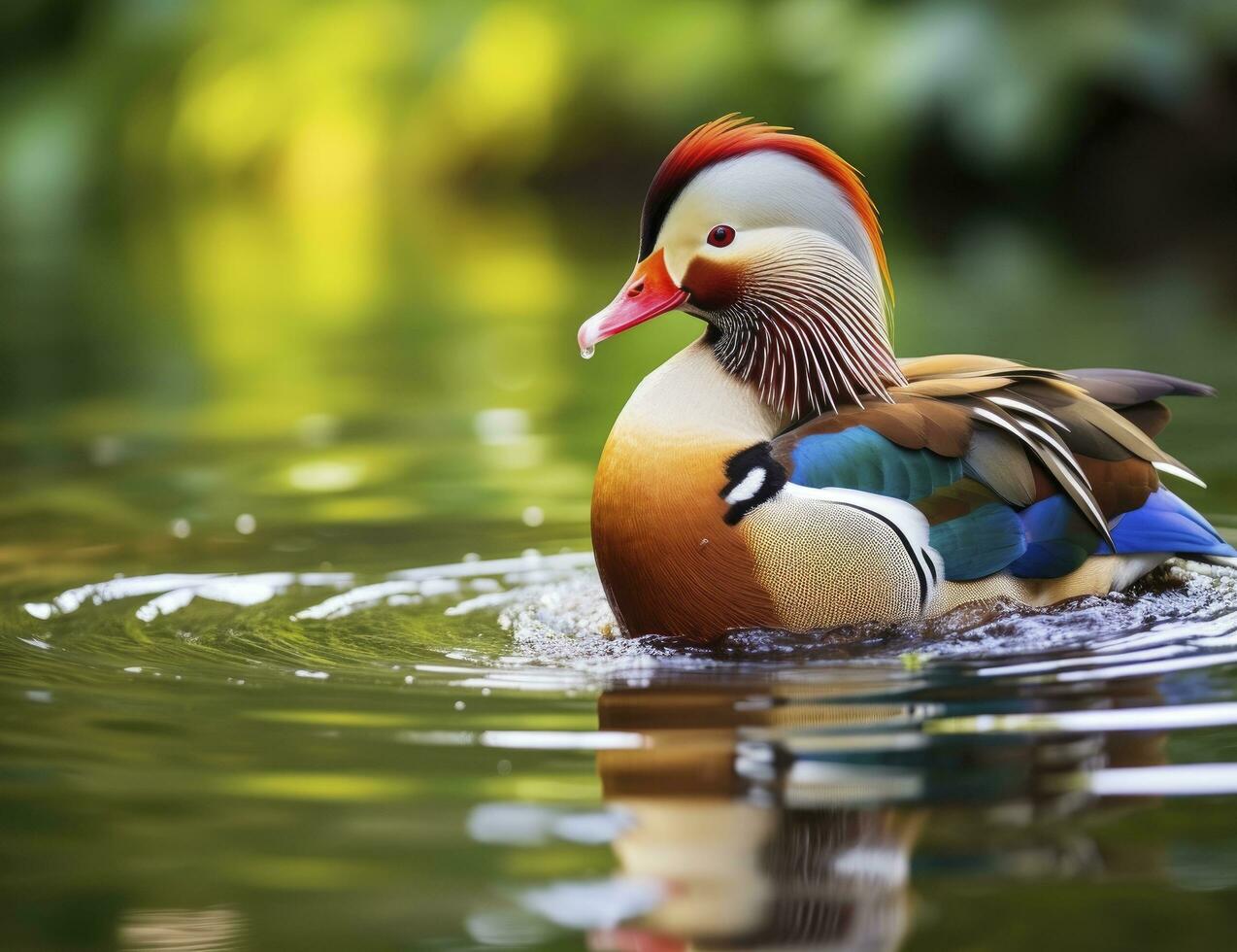 ai generato avvicinamento di mandarino anatra nuoto nel lago. generativo ai. foto