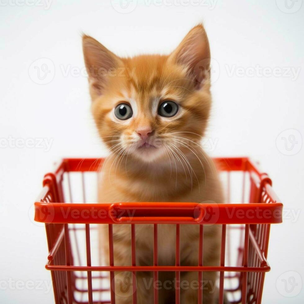 ai generato adorabile Zenzero gattino oziare nel un' shopping carrello. foto