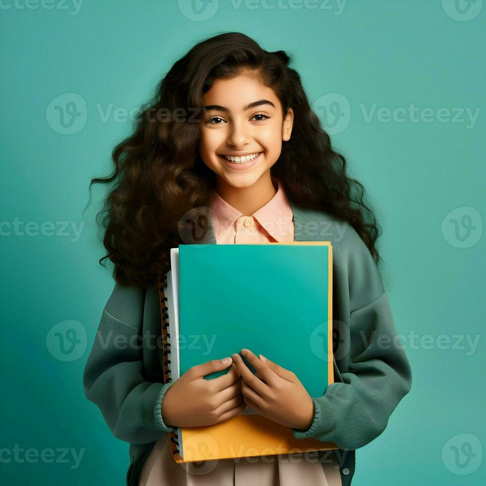 ai generato sorridente scuola alunno Tenere libri di testo su il verde sfondo. alto qualità. ai generativo foto