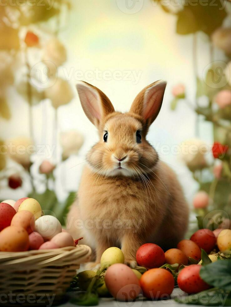 ai generato carino Pasqua coniglio nel fiori con colorato Quaglia uova. luminosa simpatico servizio fotografico. primavera vibrazioni. alto qualità. ai generativo foto