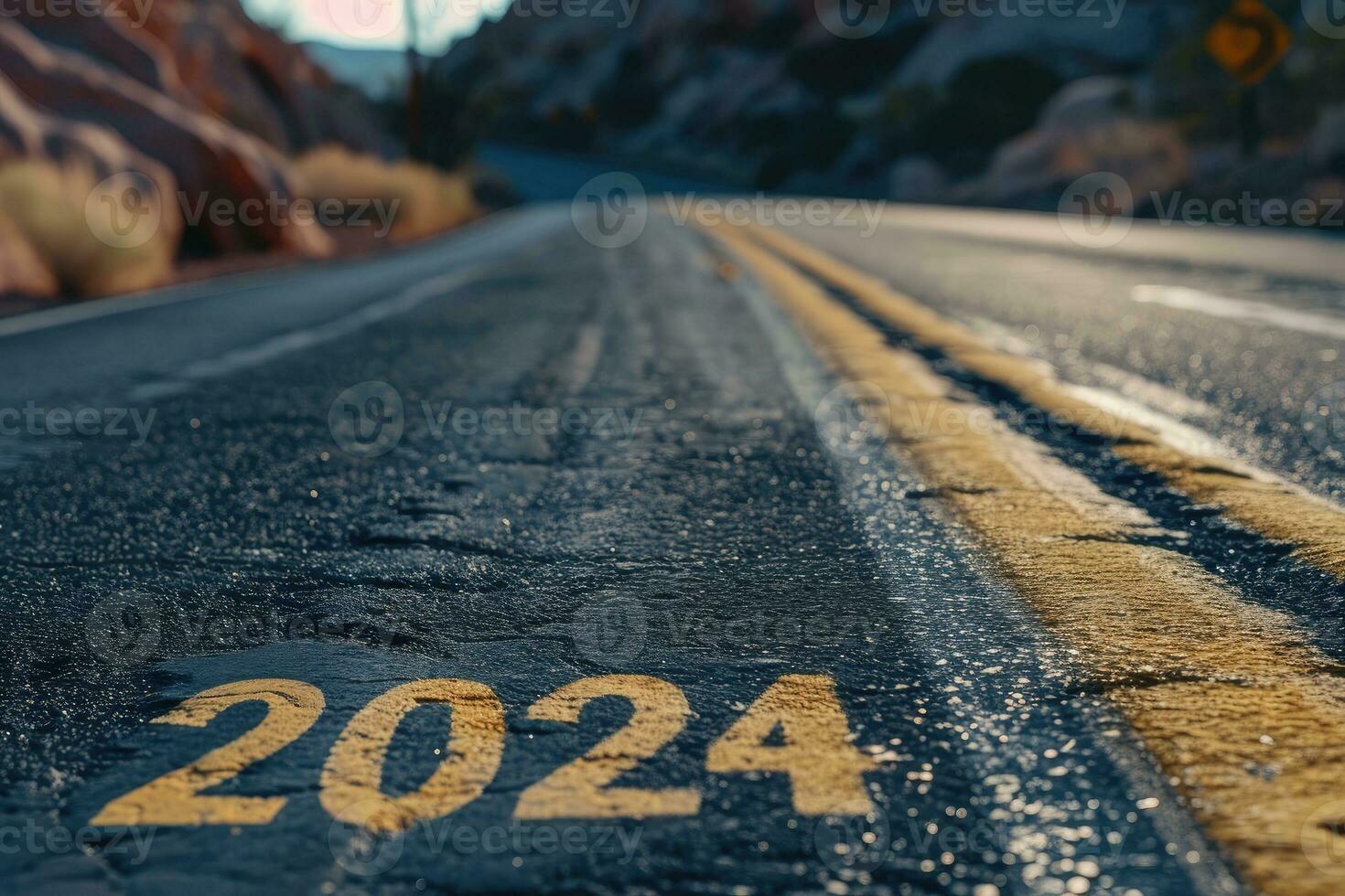 ai generato strada per 2024, vuoto strada con il nuovo anno 2024 scritto su il strada foto