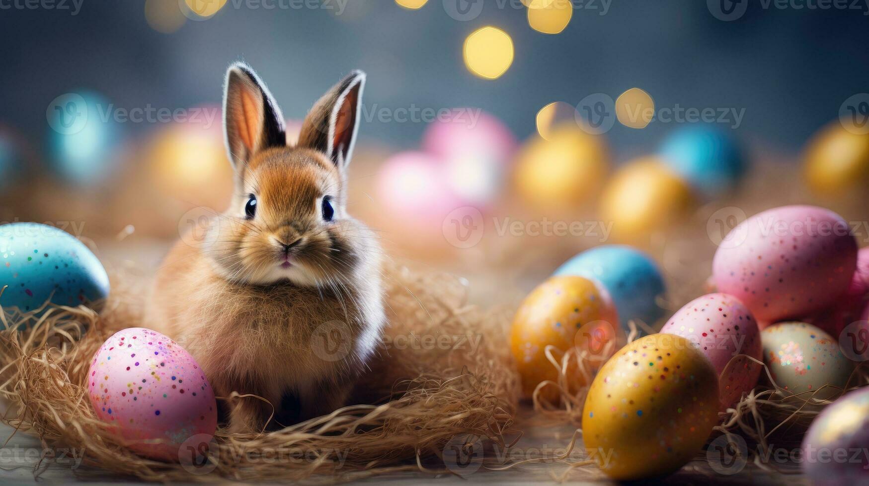 ai generato adorabile Pasqua coniglietto con Pasqua uova, colorato Pasqua uova, bandiera e sfondo, ai generativo foto