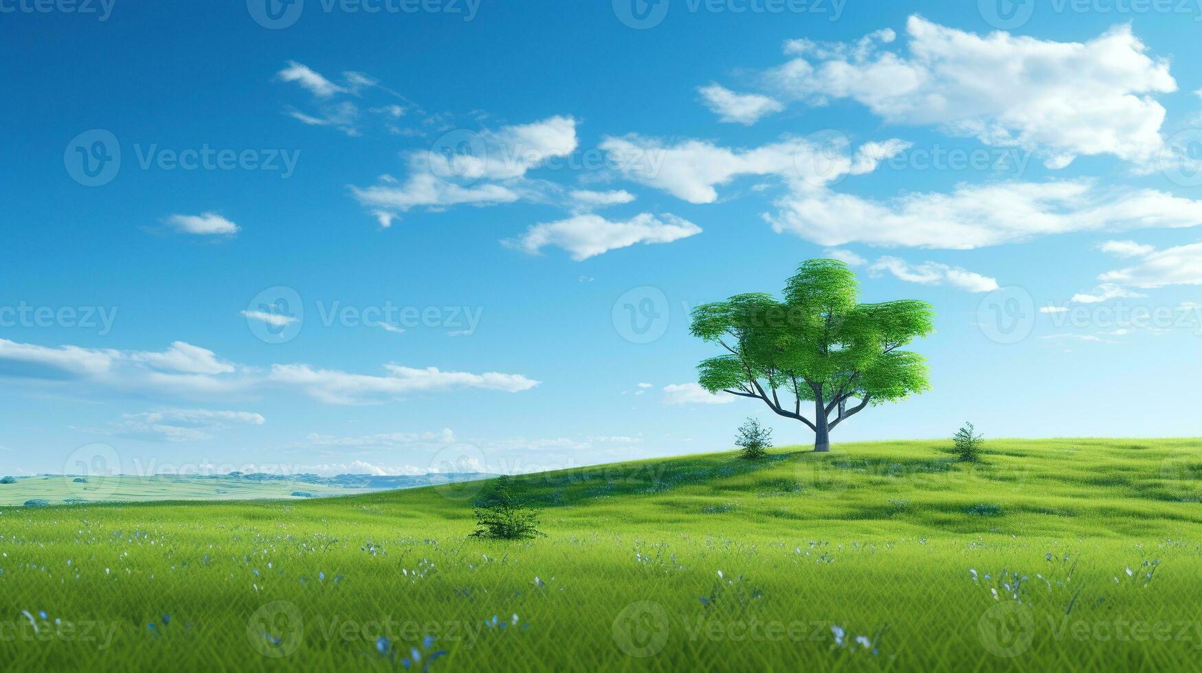 ai generato verde pianeta terra. verde campo, tranquillo, calmo vita, blu cielo, luminosa giorno foto