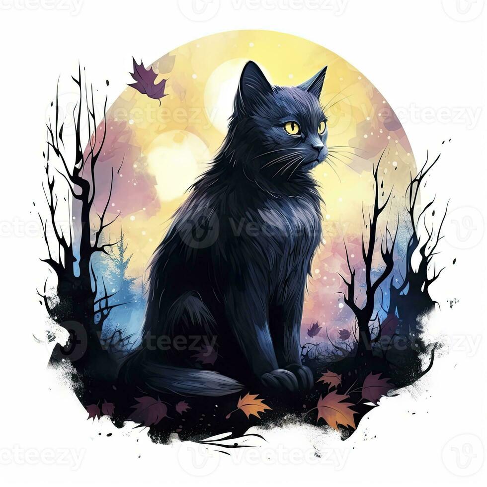 ai generato nero gatto nel illuminato dalla luna foresta. acquerello per maglietta design. ai generato foto