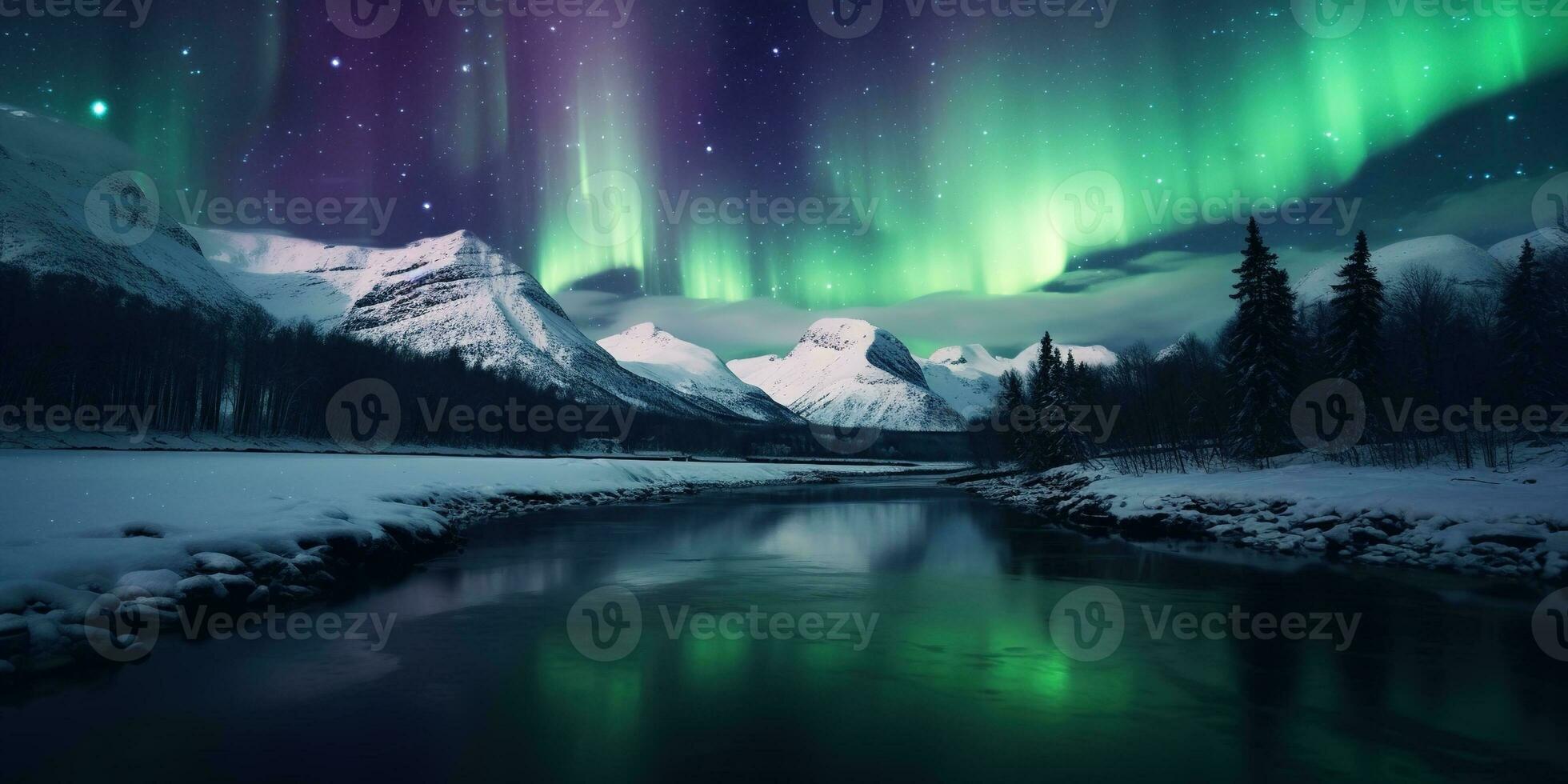 ai generato generativo ai, verde e rosa settentrionale luci sopra nevoso montagne, inverno paesaggio, aurora e riflessione su il acqua superficie foto