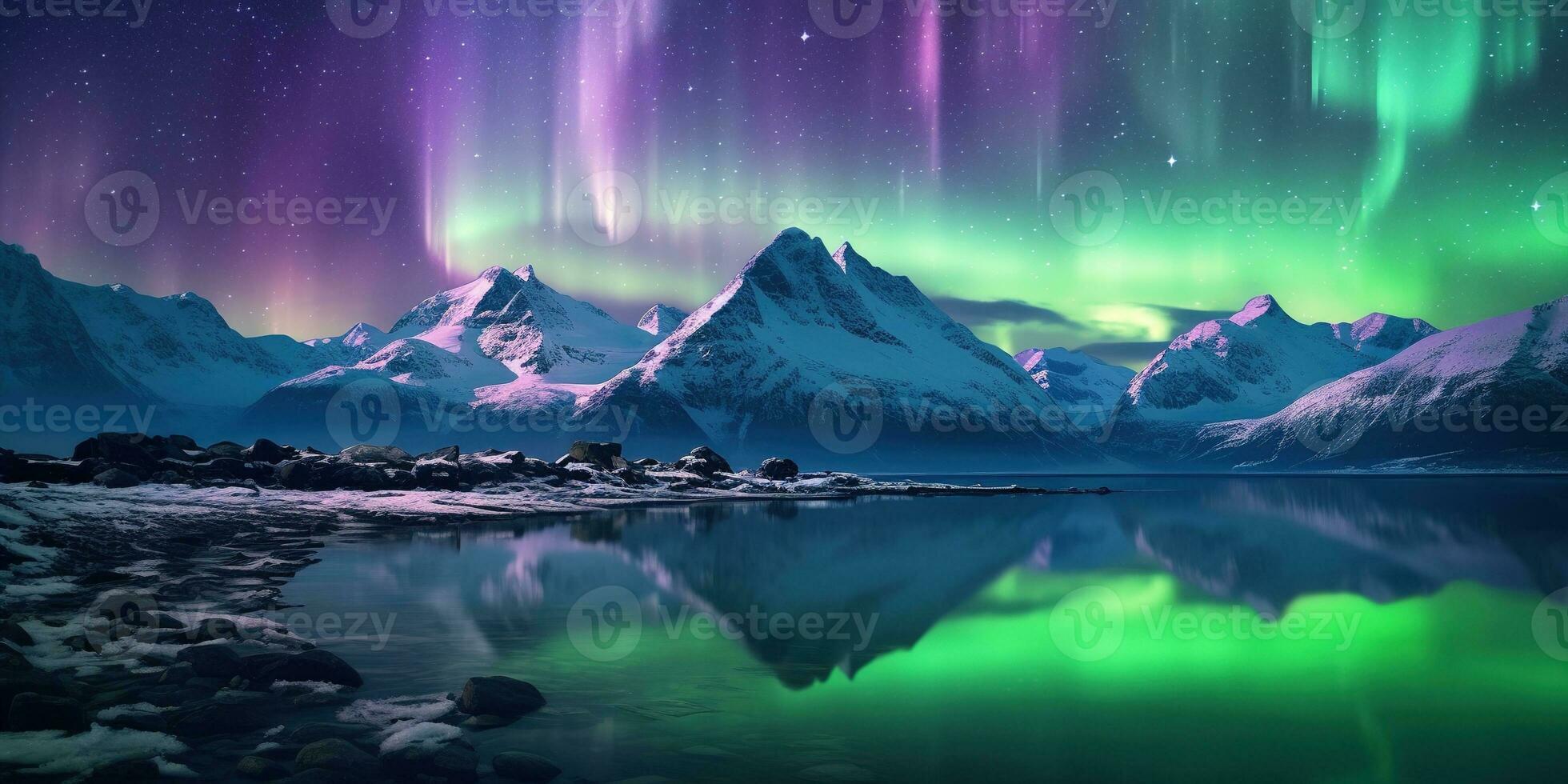 ai generato generativo ai, verde e rosa settentrionale luci sopra nevoso montagne, inverno paesaggio, aurora e riflessione su il acqua superficie foto