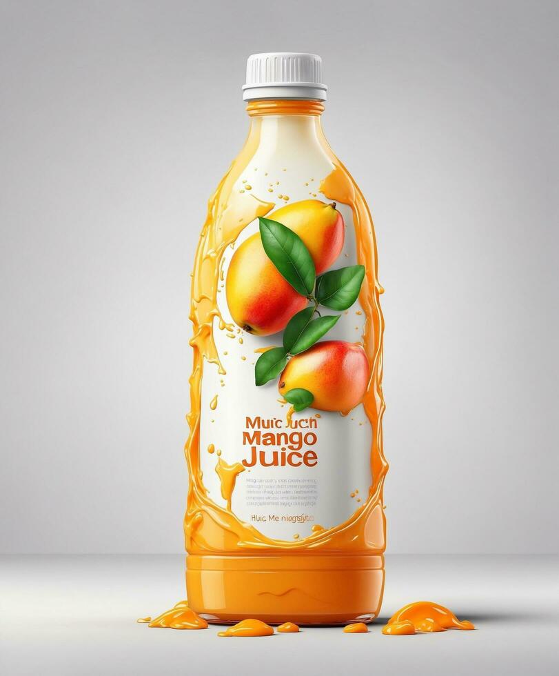 ai generato Mango succo bottiglia modello su grigio sfondo. 3d illustrazione foto