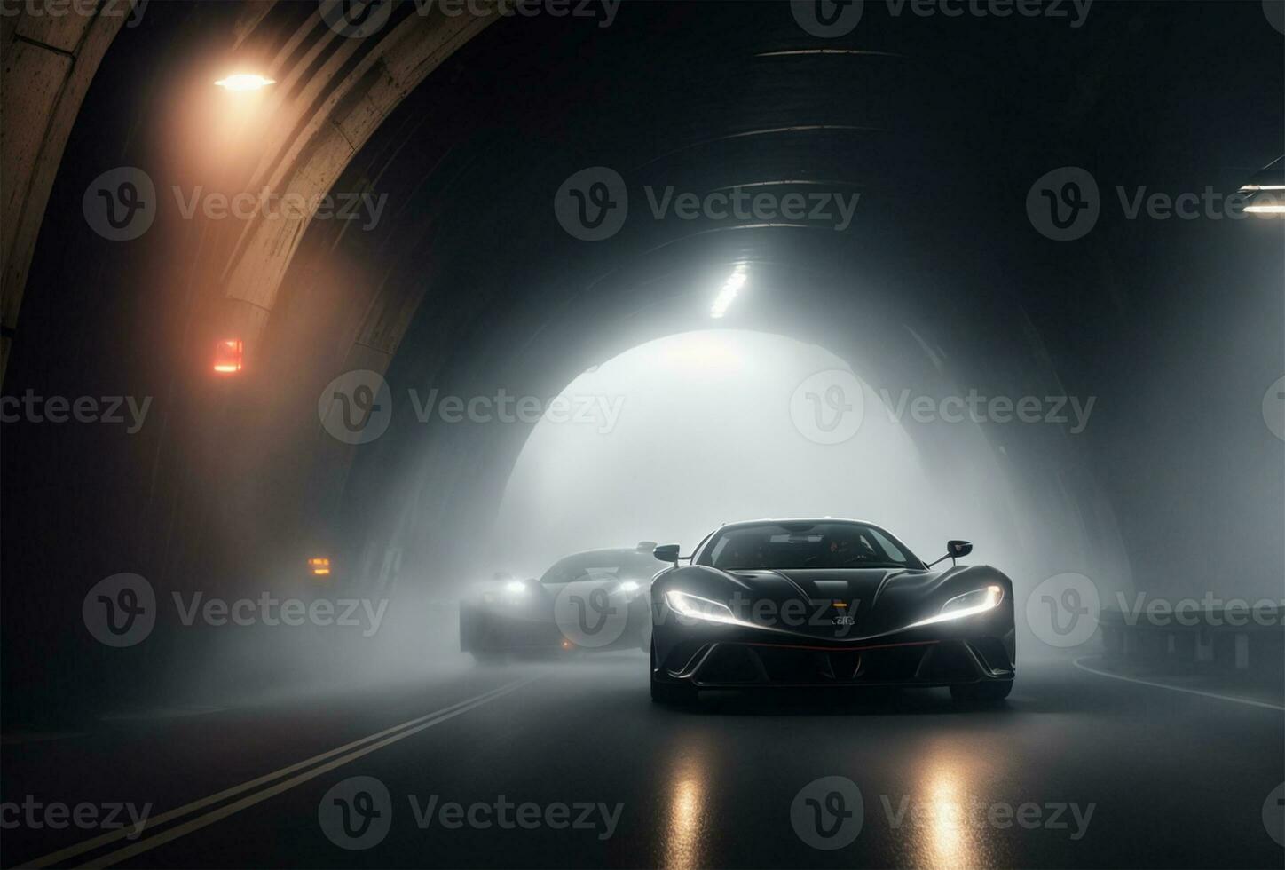 ai generato lusso gli sport auto guida su il strada nel tunnel. nebbioso foto