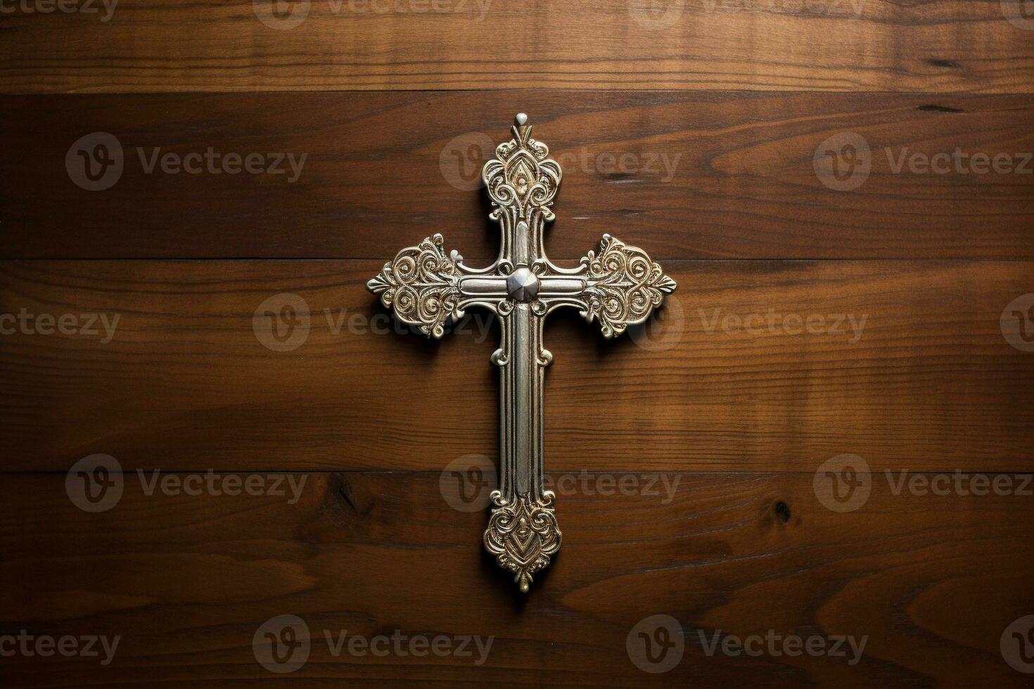 ai generato di legno cristiano attraversare su un' di legno sfondo.christian religione concetto. foto