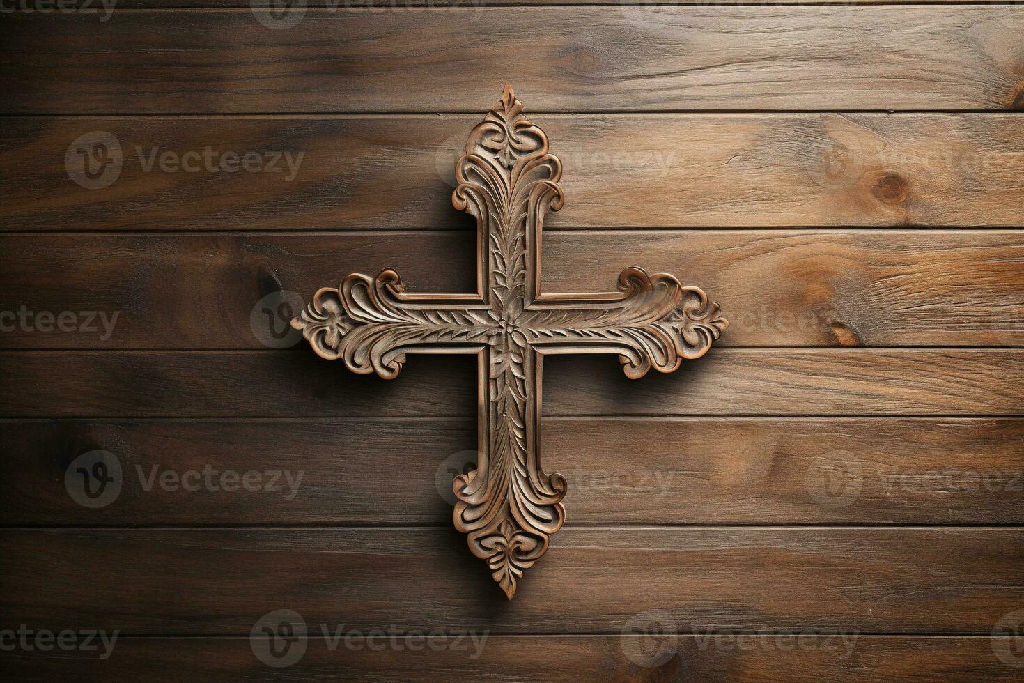 ai generato di legno cristiano attraversare su un' di legno sfondo.christian religione concetto. foto