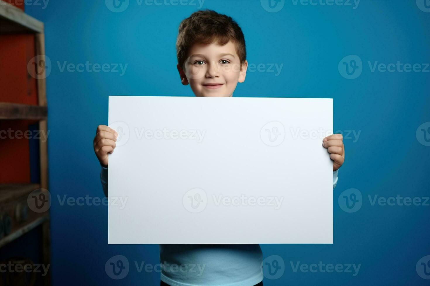 ai generato poco ragazzo Tenere un' vuoto bianca foglio di carta foto