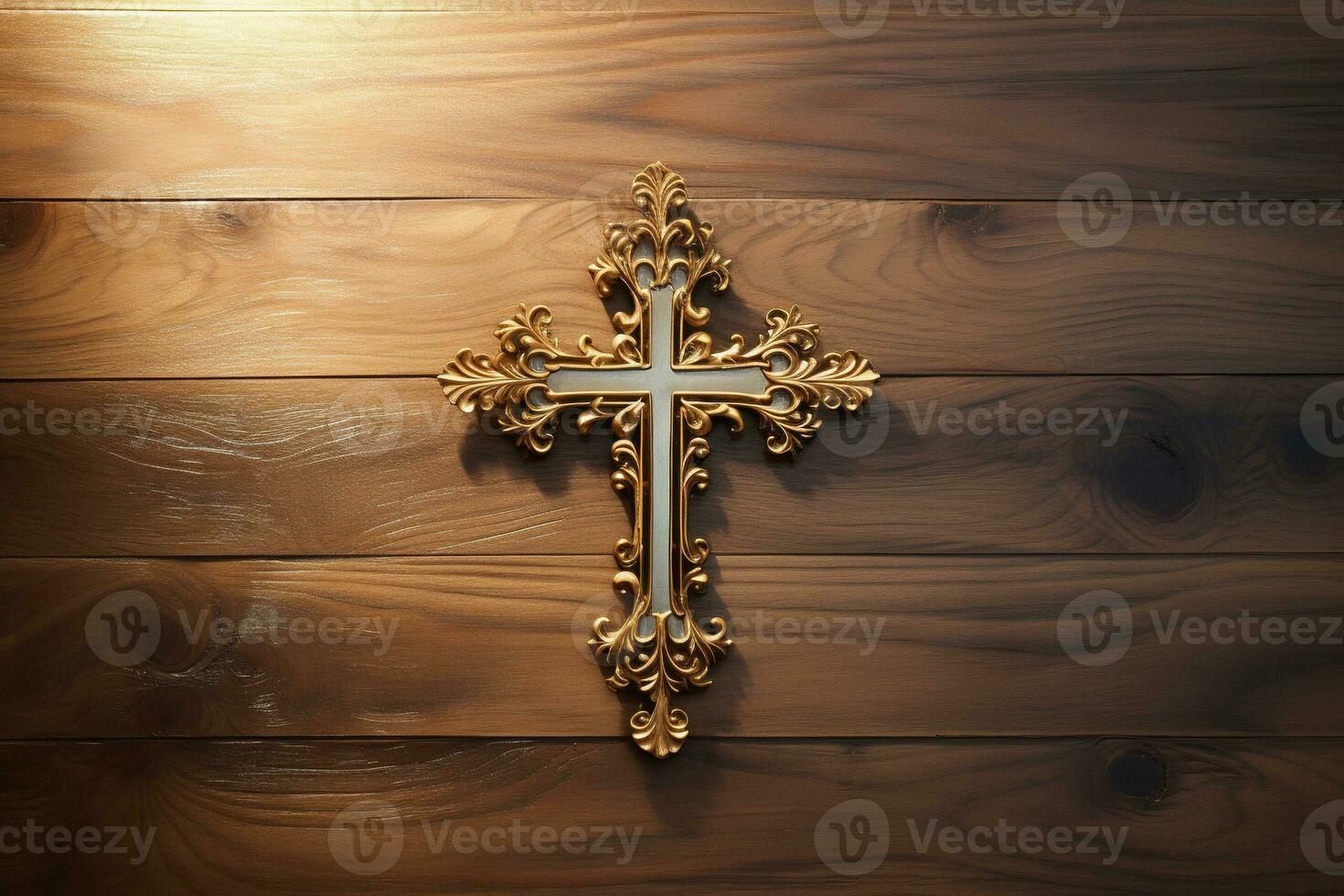 ai generato di legno cristiano attraversare su un' di legno sfondo.christian religione concetto. foto