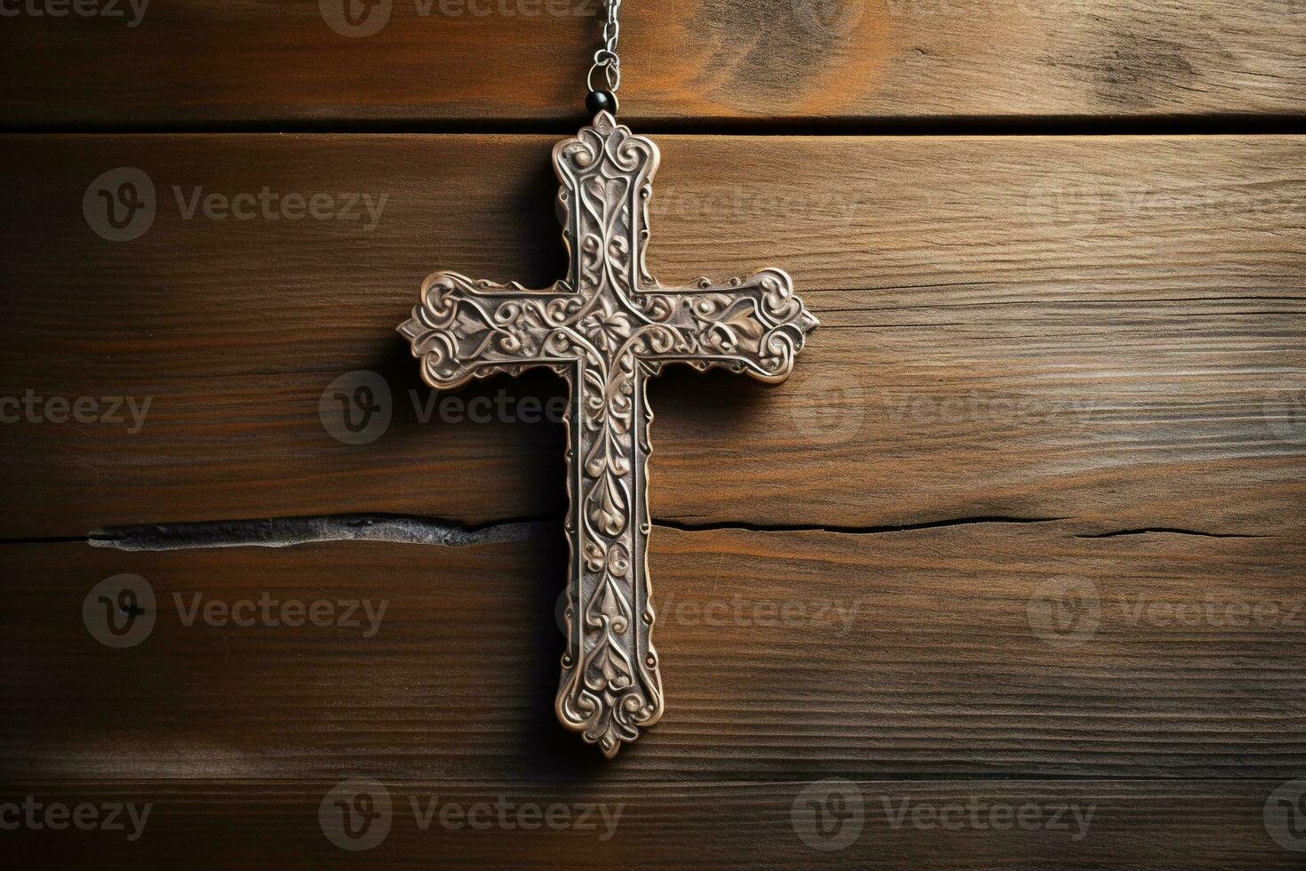 ai generato di legno cristiano attraversare su un' di legno sfondo.christian religione concetto. foto