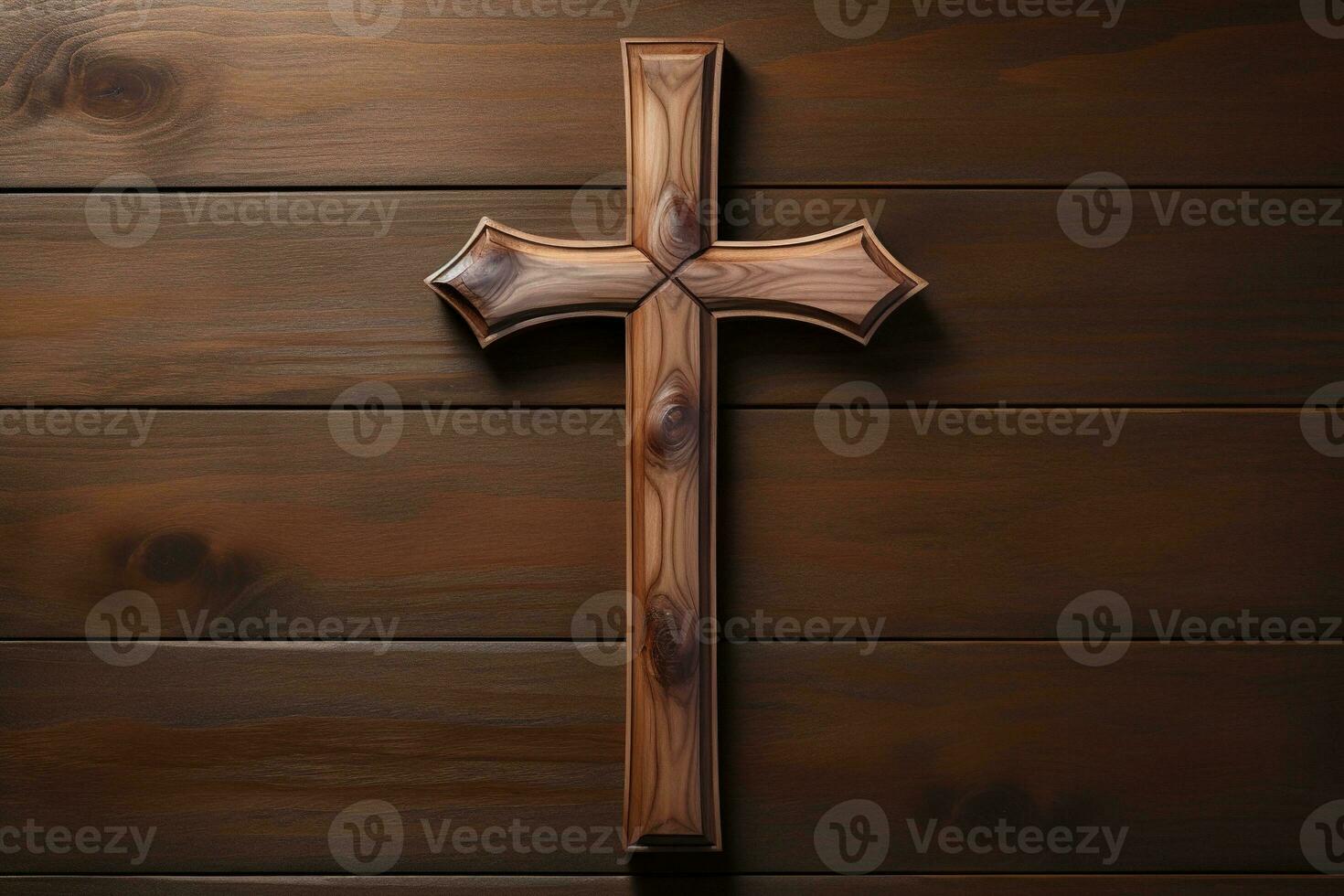 ai generato di legno cristiano attraversare su un' di legno sfondo.christian religione concetto. foto