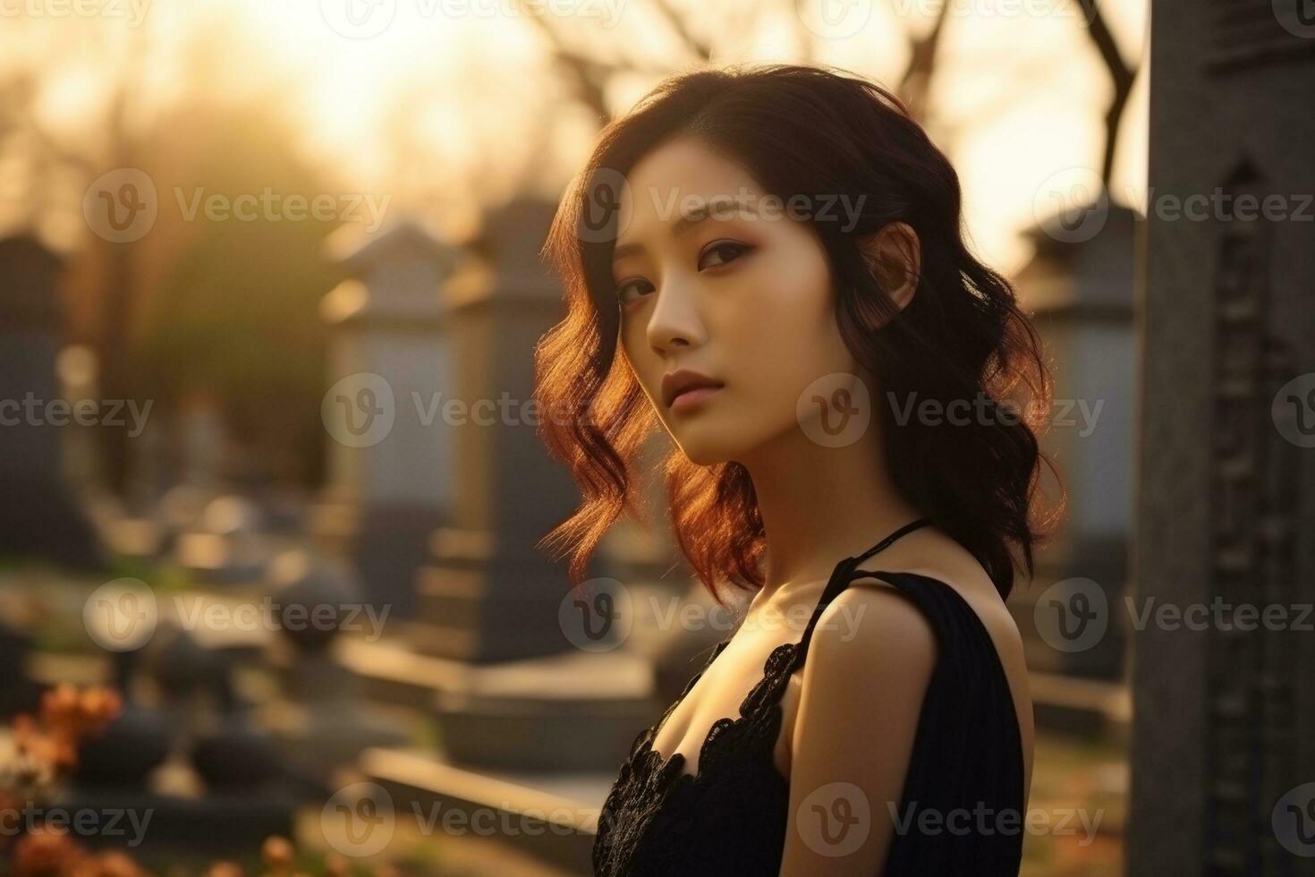 ai generato bellissimo giovane donna nel il vecchio cimitero. foto