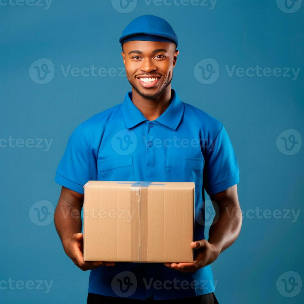 ai generato afro americano consegna uomo Tenere un' cartone scatola. isolato foto pronto per uso. ai generato