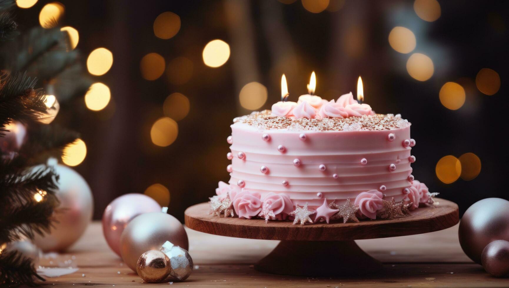 ai generato un elegante rosa torta è seduta su un' di legno piatto con Natale luci nel il sfondo, foto
