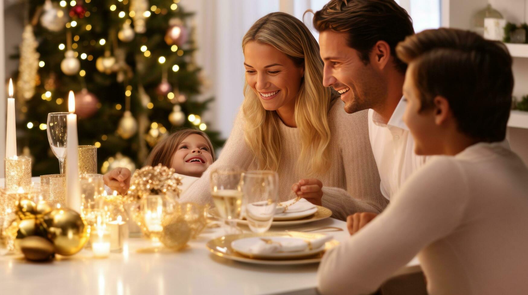 ai generato contento famiglia a Natale cena, bianca e oro foto