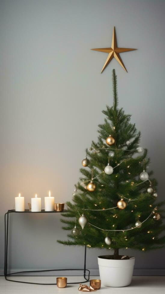 ai generato un' elegante Immagine di un' Natale albero con un' minimo di decorazioni, sottolineando suo bellezza foto