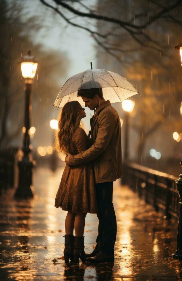 ai generato romantico coppia Tenere un ombrello su il strada, foto