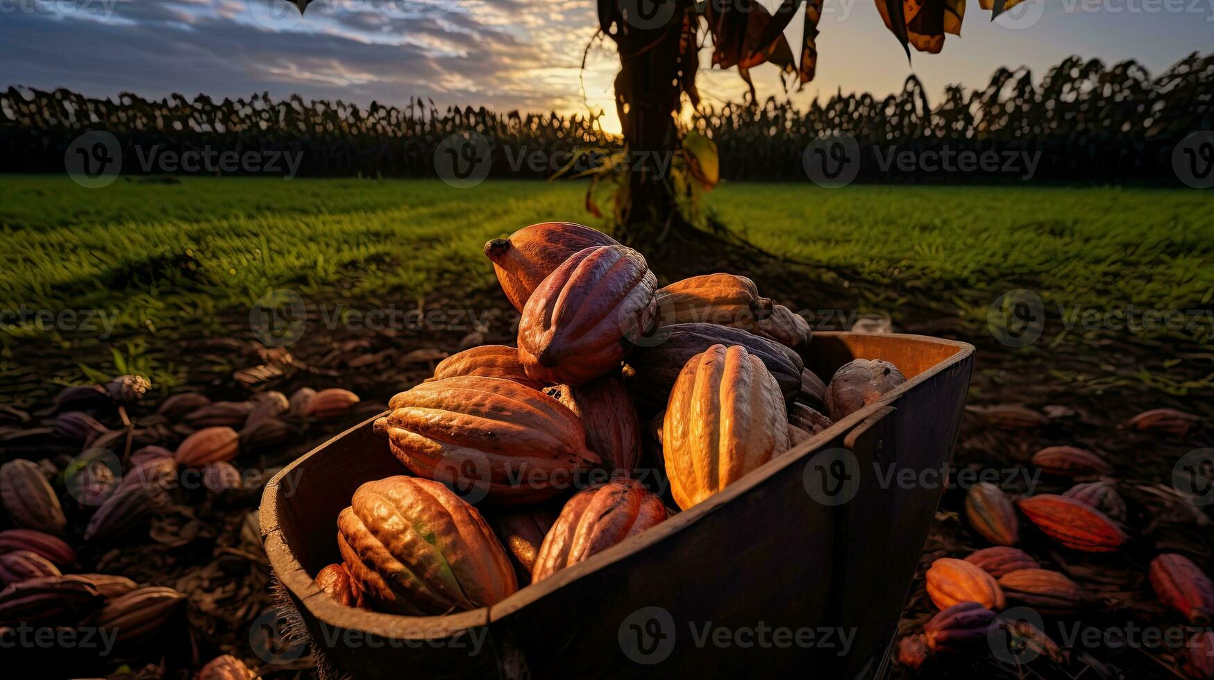 ai generato ritratto cacao frutta su il campo con leggero esposizione ai generativo foto