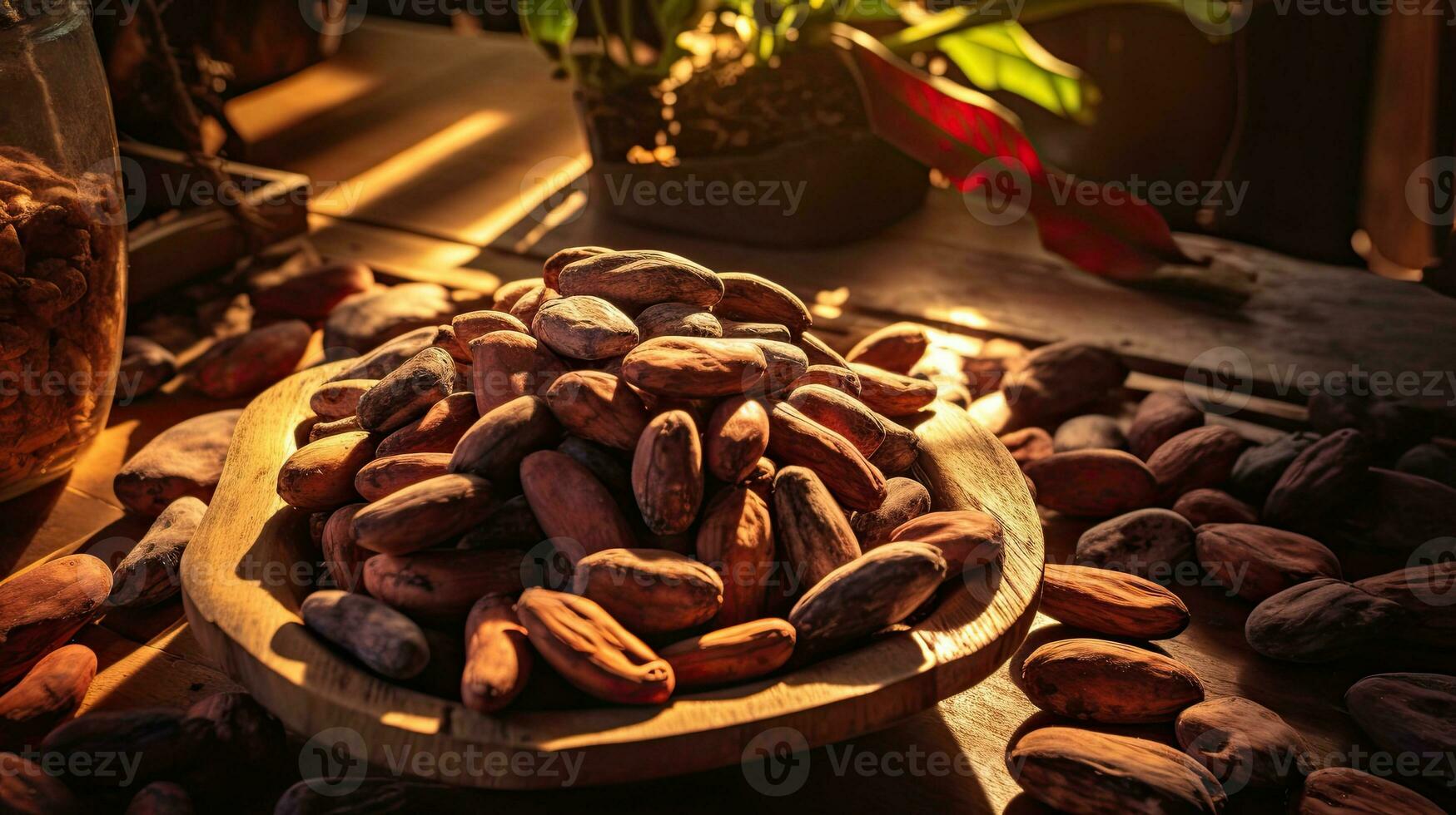 ai generato ritratto cacao fagiolo su il ciotola con leggero esposizione ai generativo foto